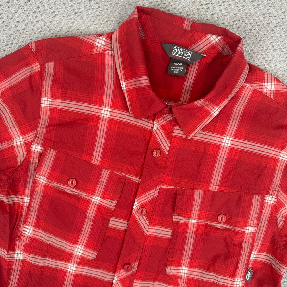Outdoor Research Wanderer SS Shirt Mens Medium Red Plaid Nylon Blend Hiking